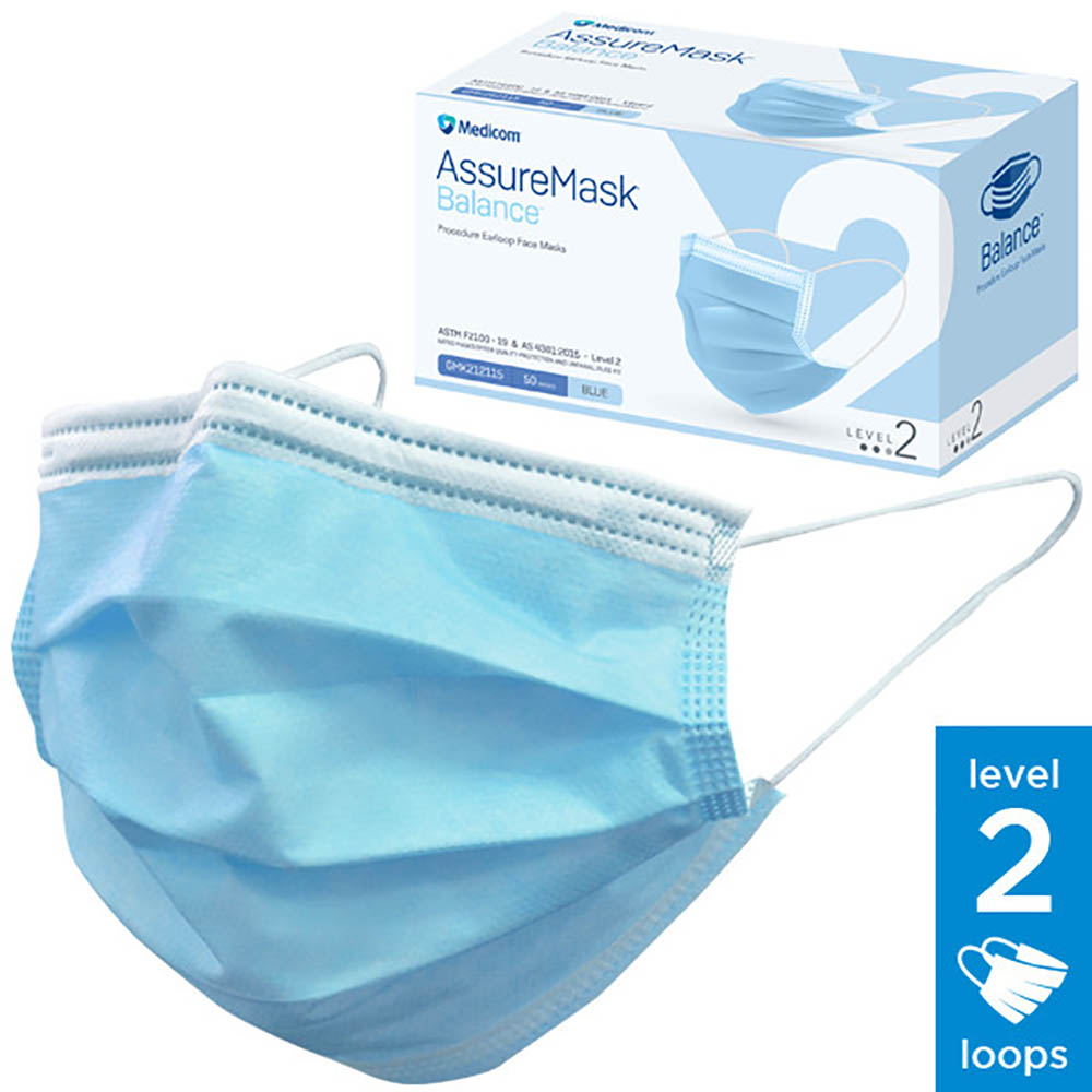 Image for MEDICOM ASSURE DISPOSABLE FACE MASK LEVEL 2 BLUE PACK 50 from That Office Place PICTON
