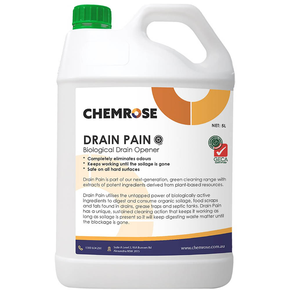 Image for CHEMROSE DRAIN PAIN BIOLOGICAL DRAIN OPENER 5 LITRE from Mitronics Corporation