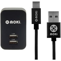 moki wall charger and syncharge braided cable usb-a to usb-c 150mm black