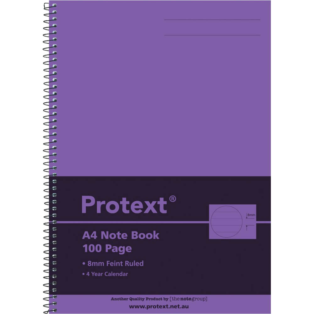 Image for PROTEXT NOTE BOOK 8MM FEINT RULED 55GSM 100 PAGE A4 PURPLE from Mitronics Corporation
