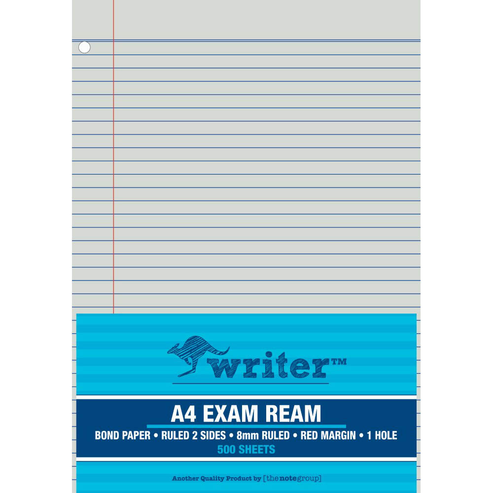 Image for WRITER EXAM PAPER 60GSM 8MM RULED 1 HOLE PUNCHED A4 WHITE 500 SHEETS from Merv's Stationery