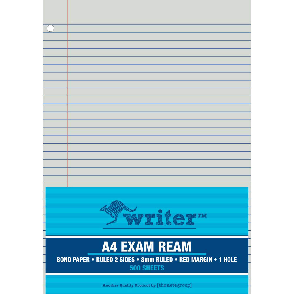 Image for WRITER EXAM PAPER 60GSM 8MM RULED 1 HOLE PUNCHED A4 WHITE 500 SHEETS from York Stationers