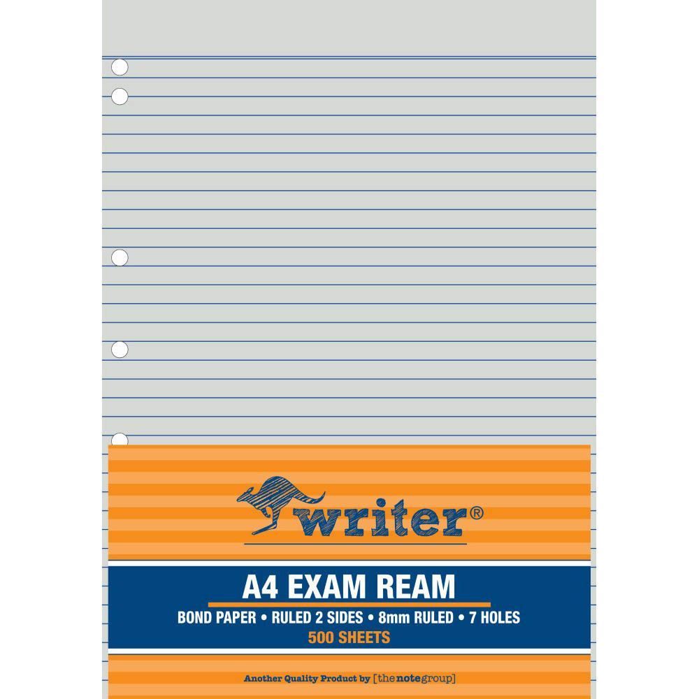 WRITER EXAM PAPER 60GSM 8MM RULED + MARGIN 7 HOLE PUNCH A4 WHITE 500 SHEETS |  | 7032697i
