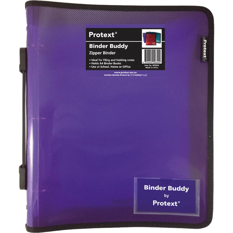 Image for PROTEXT BINDER BUDDY WITH ZIPPER 3 RING WITH HANDLE 25MM PURPLE from Clipboard Stationers & Art Supplies
