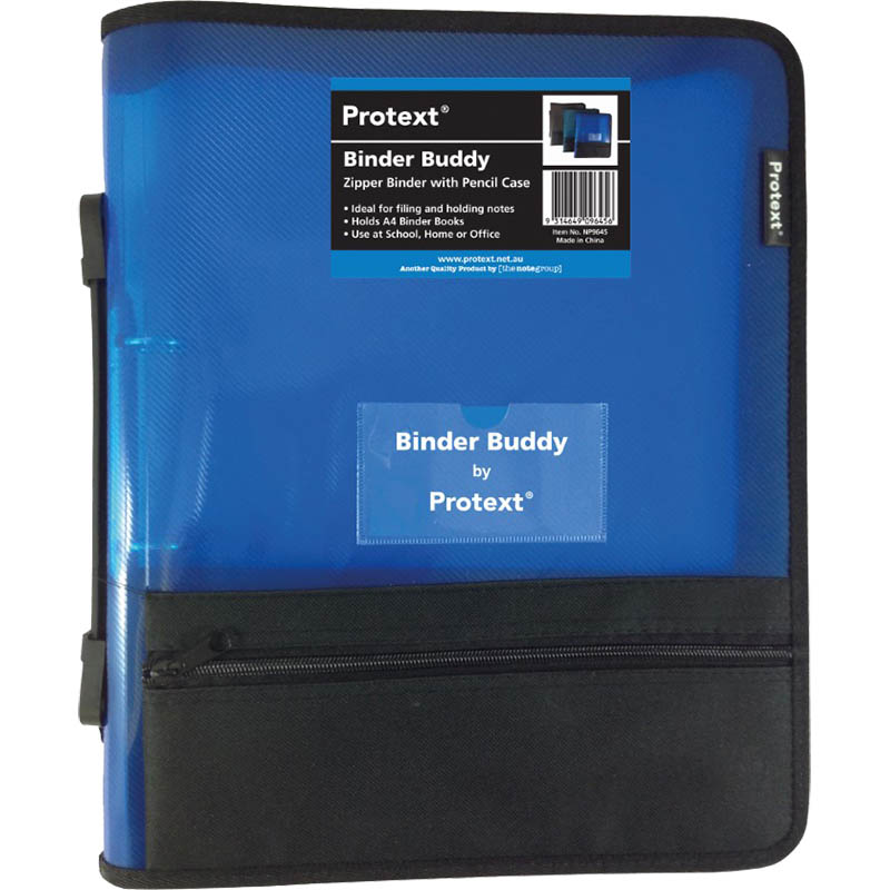 Image for PROTEXT BINDER BUDDY WITH ZIPPER 2 RING WITH HANDLE PLUS PENCIL CASE PLUS POCKETS 25MM BLUE from Clipboard Stationers & Art Supplies