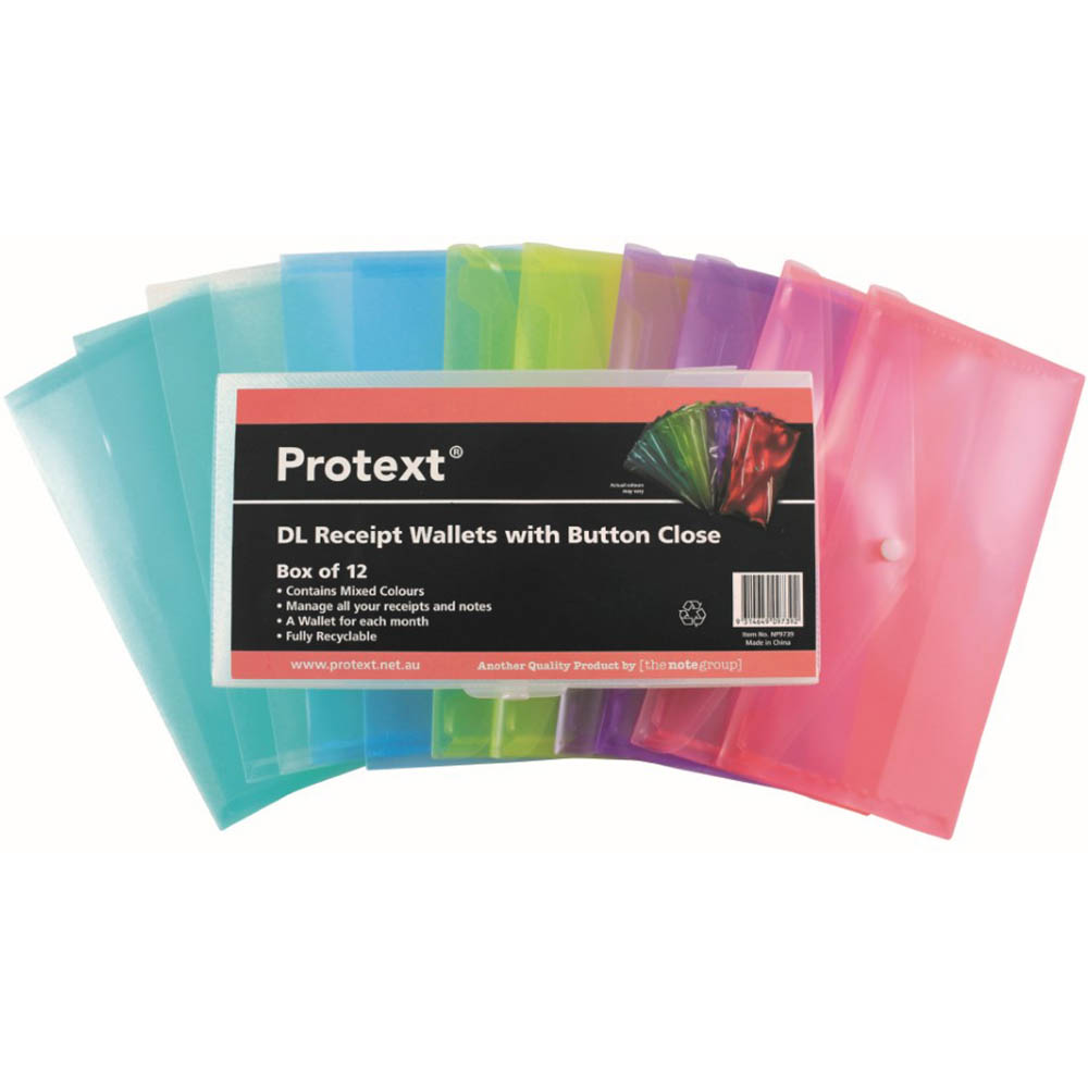 Image for PROTEXT DOCUMENT WALLET WITH BUTTON DL TRANSLUSCENT ASSORTED PP PACK 12 from BusinessWorld Computer & Stationery Warehouse
