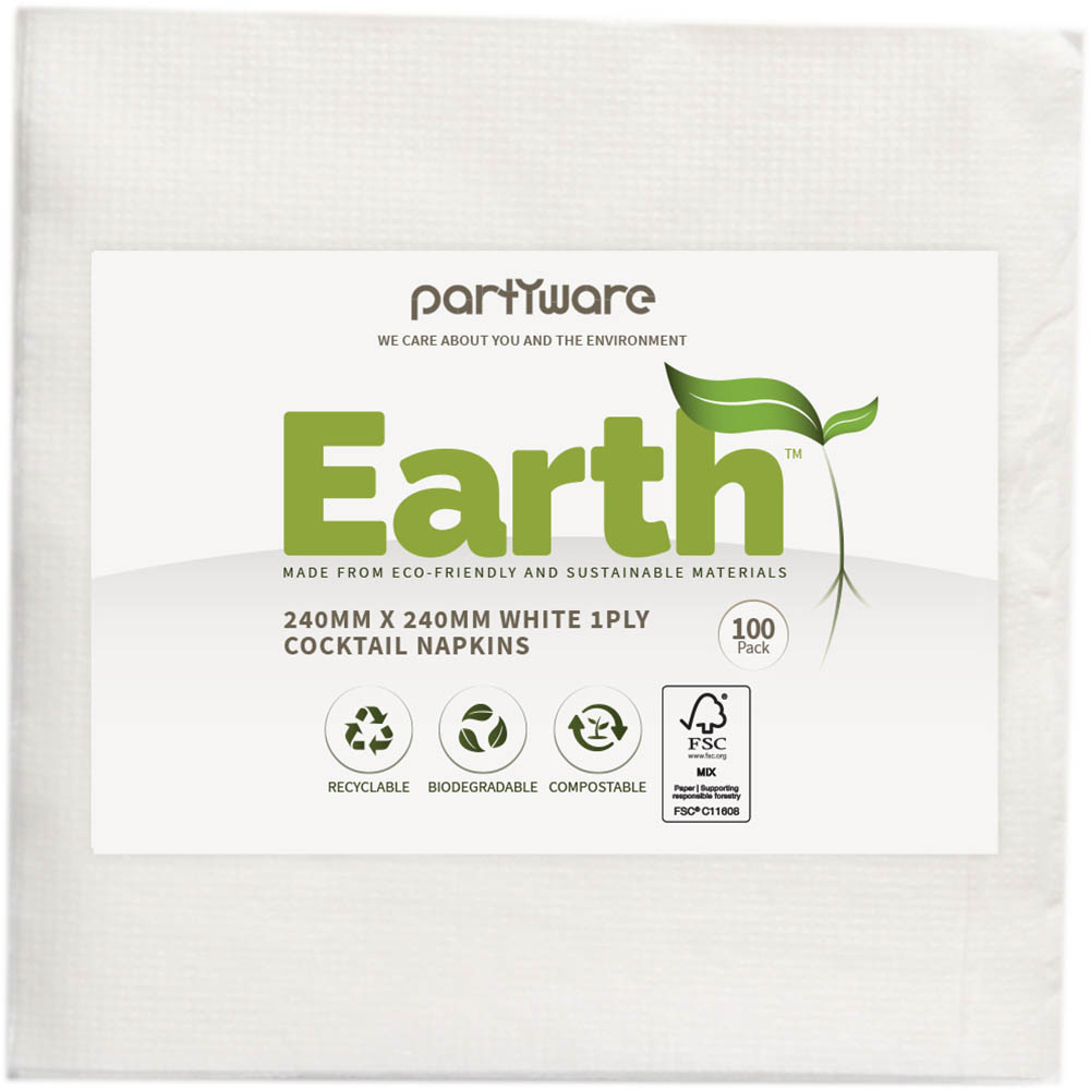 EARTH ECO COCKTAIL NAPKIN 1 PLY 240 X 240MM WHITE PACK 100 |  | 7112776