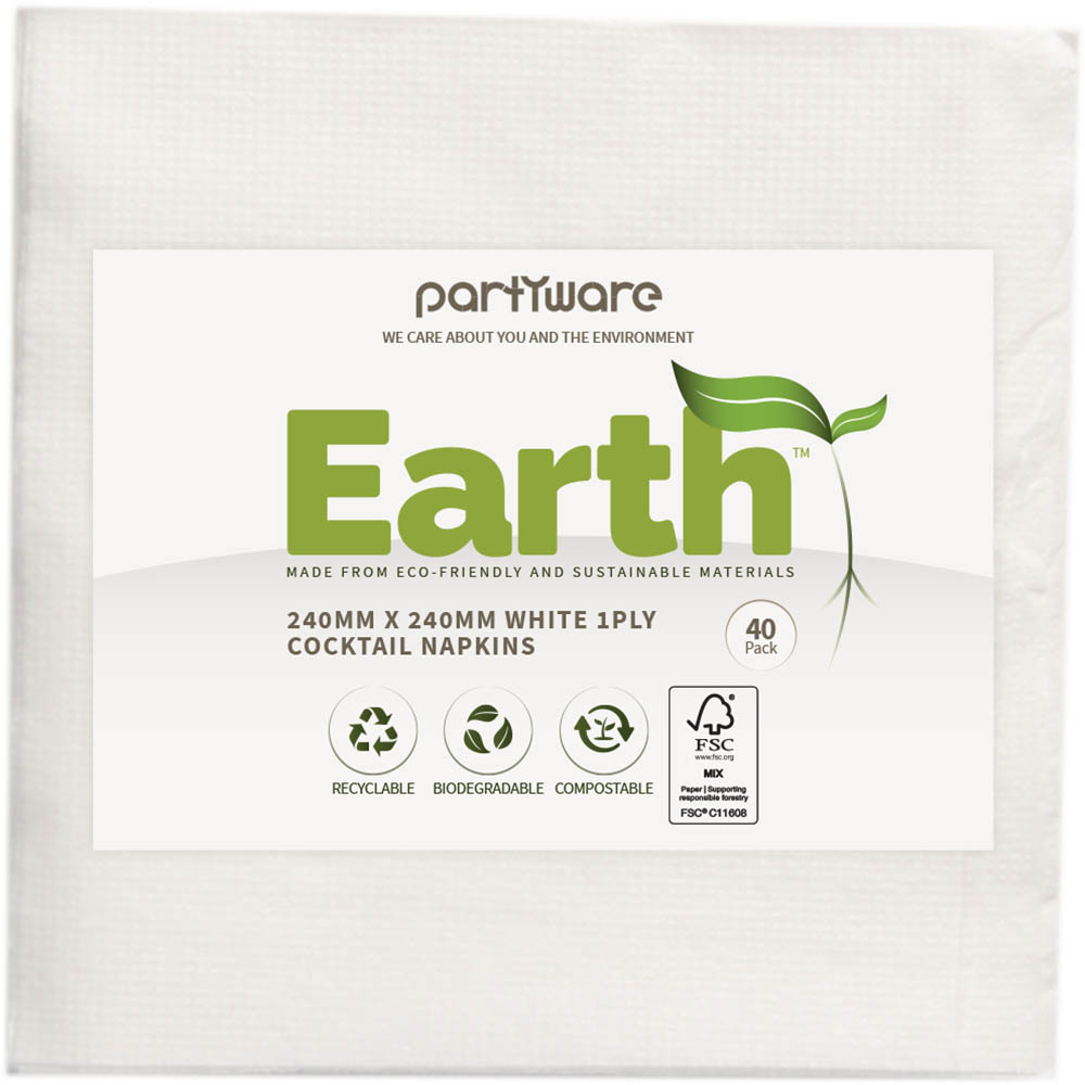 Image for EARTH ECO COCKTAIL NAPKIN 2 PLY 240 X 240MM WHITE PACK 40 from Challenge Office Supplies