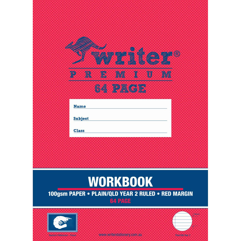 WRITER PREMIUM WORKBOOK PLAIN/QLD RULED YEAR 2 64 PAGE 100GSM 330 X 240MM PRAWN |  | 7071941i