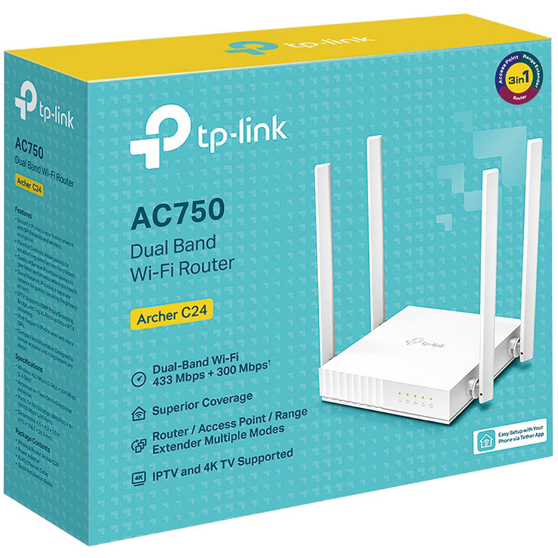 Image for TP-LINK ARCHER C24 AC750 DUAL-BAND WI-FI ROUTER WHITE from SNOWS OFFICE SUPPLIES - Brisbane Family Company