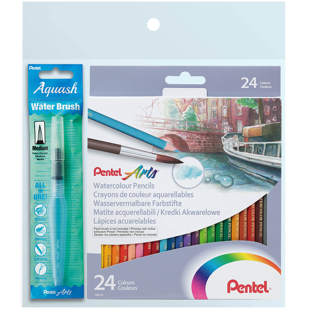 Image for PENTEL YCB9 ARTS WATERCOLOUR PENCILS WITH AQUASH BRUSH PACK 24 from BusinessWorld Computer & Stationery Warehouse