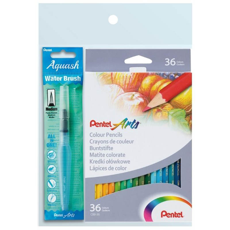Image for PENTEL YCB9 ARTS WATERCOLOUR PENCILS WITH AQUASH BRUSH PACK 36 from Challenge Office Supplies