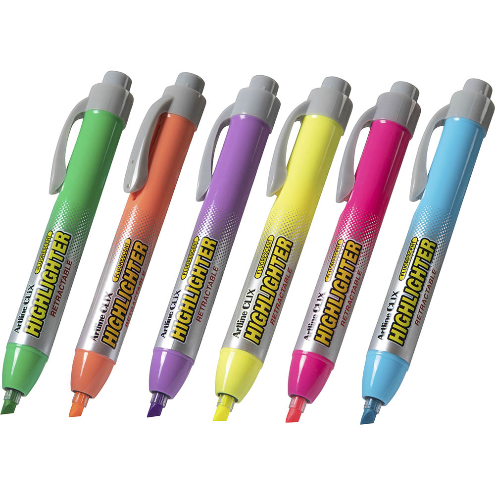 Image for ARTLINE 63 CLIX HIGHLIGHTER RETRACTABLE CHISEL 6 ASSORTED COLOURS BOX 12 from BusinessWorld Computer & Stationery Warehouse