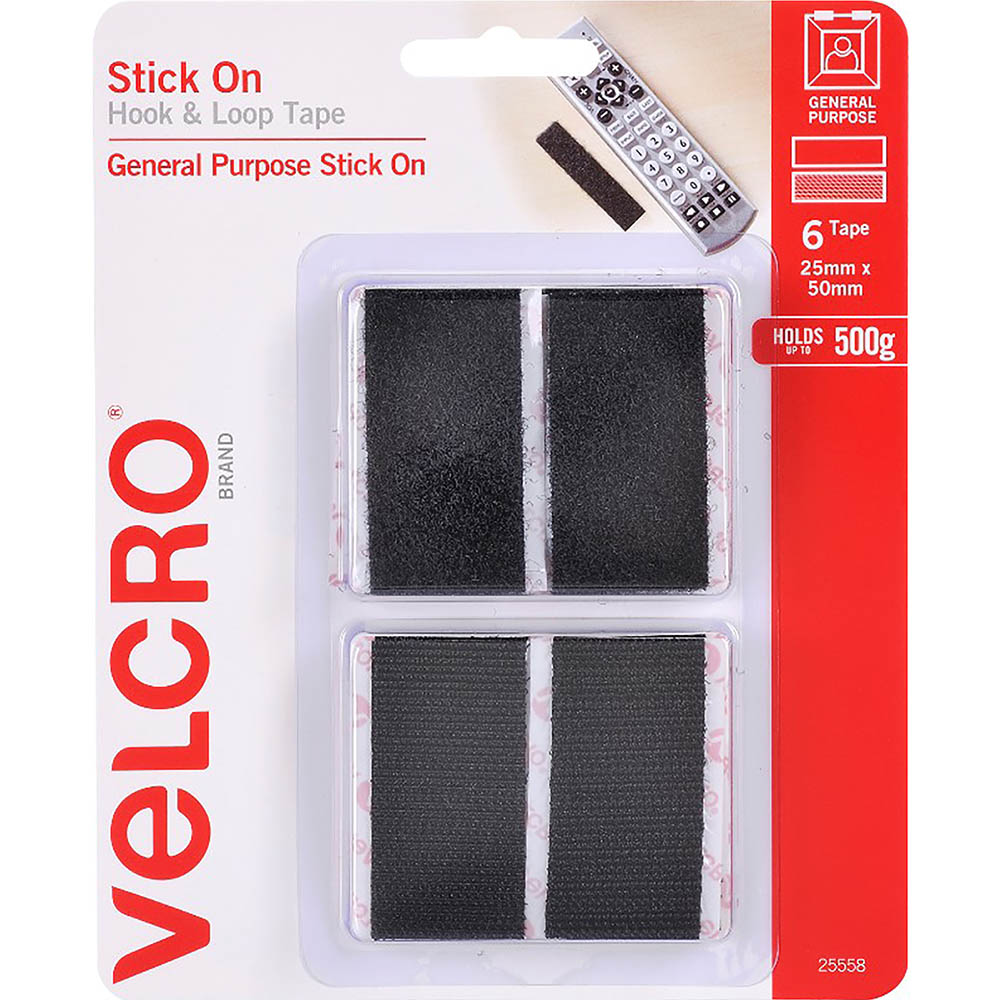 Image for VELCRO BRAND® STICK-ON HOOK AND LOOP RECTANGLES 25 X 50MM BLACK PACK 6 from York Stationers