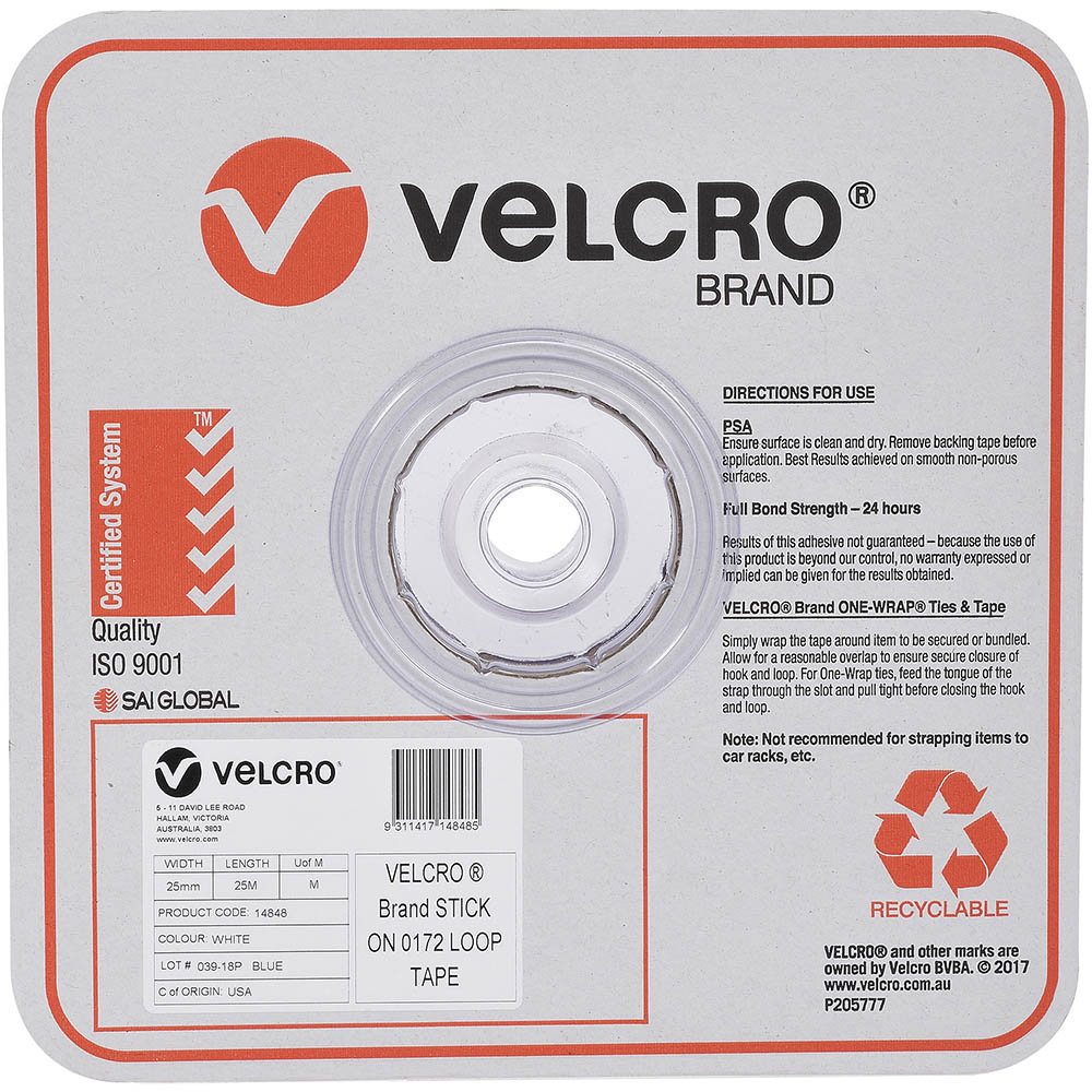 Image for VELCRO BRAND® STICK-ON LOOP TAPE 25MM X 25M WHITE from Mercury Business Supplies