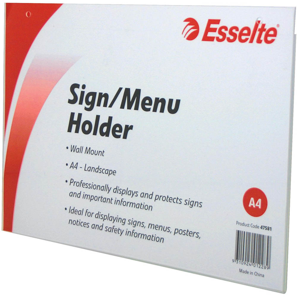 Image for ESSELTE SIGN / MENU HOLDER WALL MOUNT LANDSCAPE A4 CLEAR from York Stationers