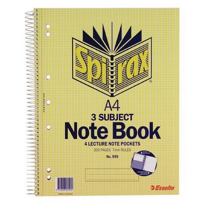 Image for SPIRAX 599 3-SUBJECT NOTEBOOK 7MM RULED SPIRAL BOUND 300 PAGE A4 from Memo Office and Art