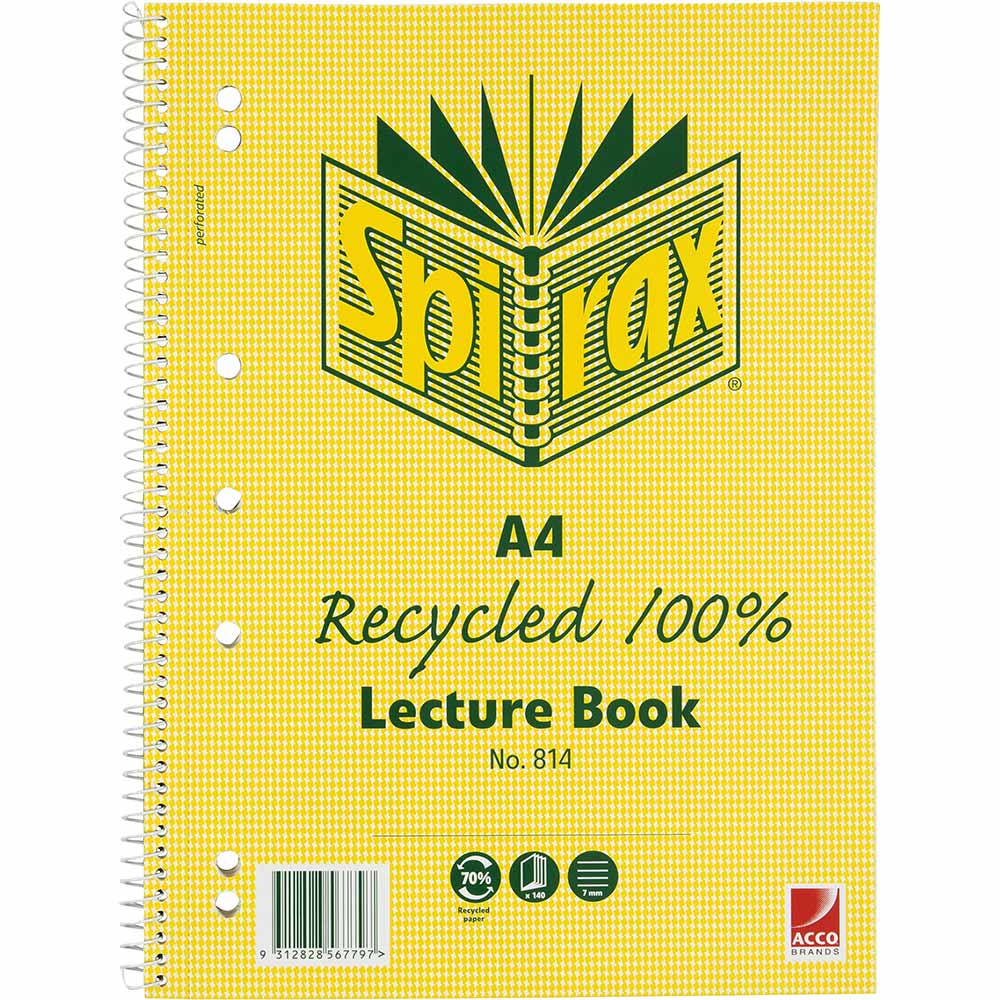 Image for SPIRAX 814 LECTURE BOOK 7MM RULED 7 HOLE PUNCHED 100% RECYCLED SPIRAL BOUND A4 140 PAGE from ALLBIZ Office Supplies