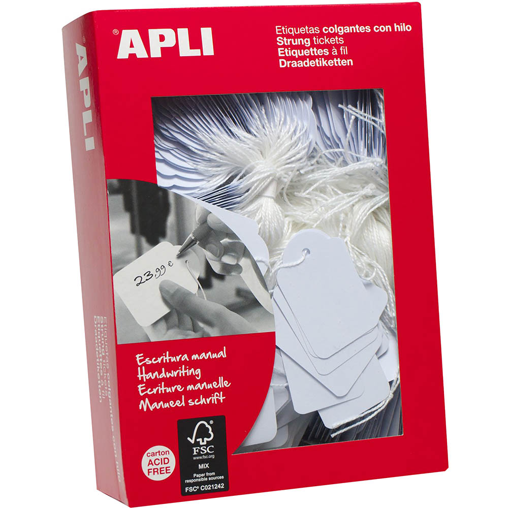 Image for APLI STRUNG TICKETS 13 X 34MM WHITE BOX 1000 from BusinessWorld Computer & Stationery Warehouse