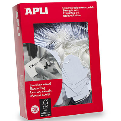 Image for APLI STRUNG TICKETS 28 X 43MM WHITE BOX 500 from BusinessWorld Computer & Stationery Warehouse