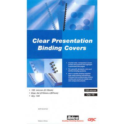 Image for GBC IBICO BINDING COVER 150 MICRON A4 CLEAR PACK 100 from SNOWS OFFICE SUPPLIES - Brisbane Family Company