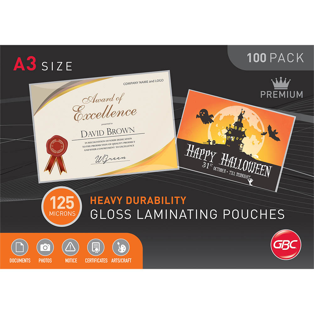 Image for GBC LAMINATING POUCH GLOSS 125 MICRON A3 CLEAR PACK 100 from Mercury Business Supplies