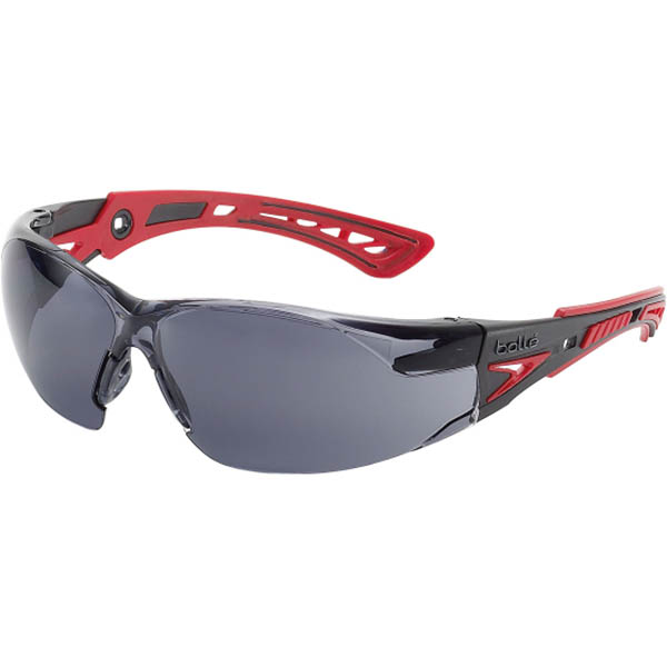 Image for BOLLE SAFETY RUSH PLUS SAFETY GLASSES RED AND BLACK ARMS SMOKE LENS from Mitronics Corporation