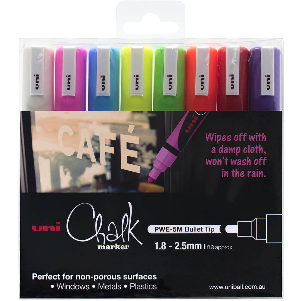 Image for UNI-BALL CHALK MARKER BULLET TIP 2.5MM ASSORTED PACK 8 from That Office Place PICTON