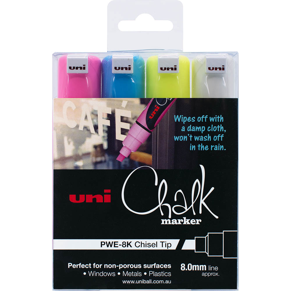 Image for UNI-BALL CHALK MARKER CHISEL TIP 8MM ASSORTED PACK 4 from Office Express