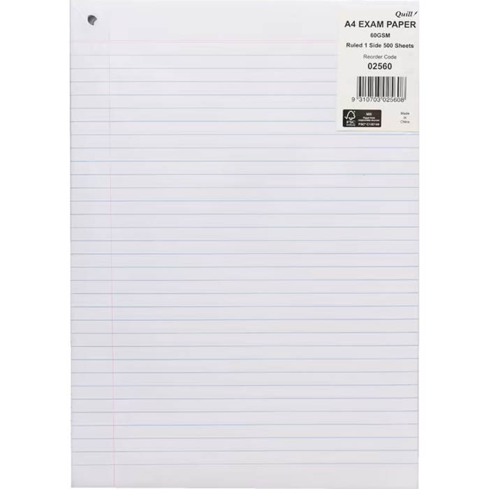 QUILL LOOSE LEAF EXAM PAPER RULED WITH ONE HOLE 60GSM A4 PACK 500 |  | 7002471