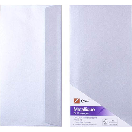 Image for QUILL DL METALLIQUE ENVELOPES PLAINFACE STRIP SEAL 80GSM 110 X 220MM SILVER PACK 10 from Prime Office Supplies
