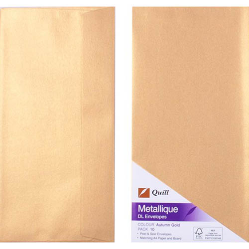 Image for QUILL DL METALLIQUE ENVELOPES PLAINFACE STRIP SEAL 80GSM 110 X 220MM AUTUMN GOLD PACK 10 from Challenge Office Supplies