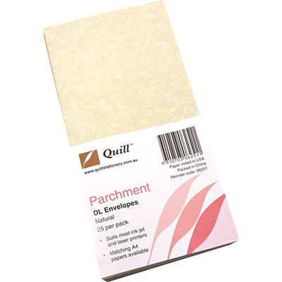 QUILL DL PARCHMENT ENVELOPES PLAINFACE STRIP SEAL 90GSM 110 X 220MM NATURAL PACK 25 |  | 7013879i