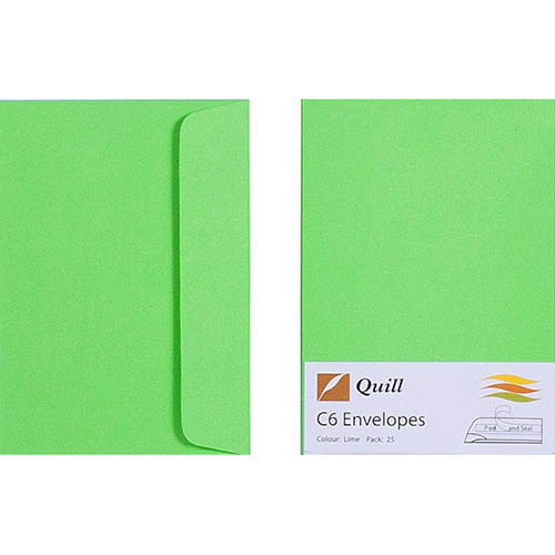 Image for QUILL C6 COLOURED ENVELOPES PLAINFACE STRIP SEAL 80GSM 114 X 162MM LIME PACK 25 from Office Express