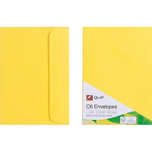Image for QUILL C6 COLOURED ENVELOPES PLAINFACE STRIP SEAL 80GSM 114 X 162MM LEMON PACK 25 from York Stationers