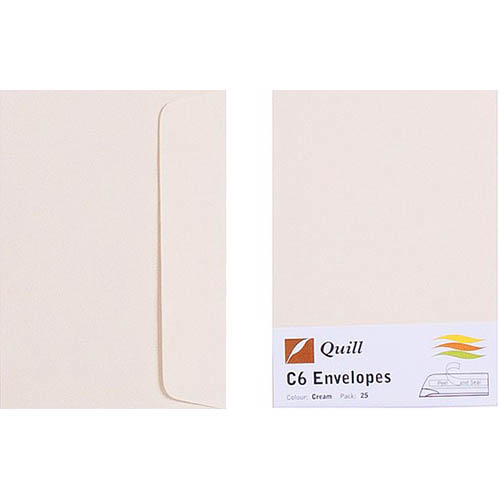Image for QUILL C6 COLOURED ENVELOPES PLAINFACE STRIP SEAL 80GSM 114 X 162MM CREAM PACK 25 from Mitronics Corporation