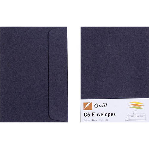 Image for QUILL C6 COLOURED ENVELOPES PLAINFACE STRIP SEAL 80GSM 114 X 162MM BLACK PACK 25 from Mercury Business Supplies