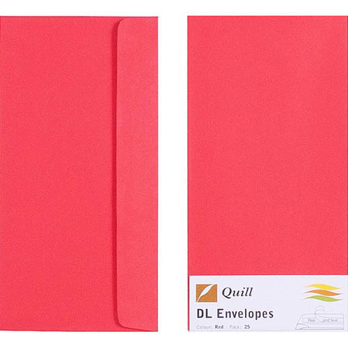 QUILL DL COLOURED ENVELOPES PLAINFACE STRIP SEAL 80GSM 110 X 220MM RED PACK 25 |  | 7043084i