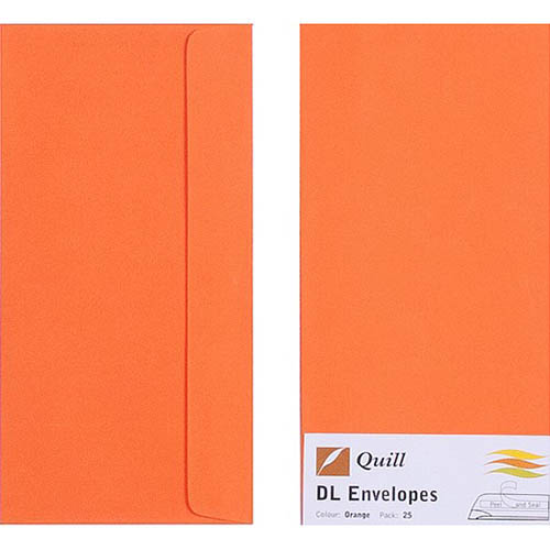 Image for QUILL DL COLOURED ENVELOPES PLAINFACE STRIP SEAL 80GSM 110 X 220MM ORANGE PACK 25 from Office Express