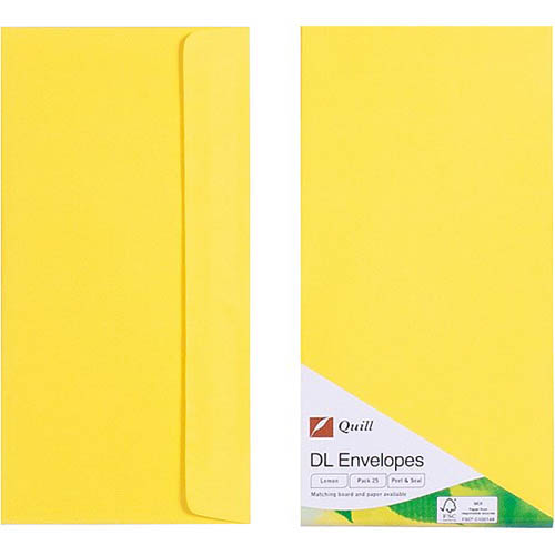 Image for QUILL DL COLOURED ENVELOPES PLAINFACE STRIP SEAL 80GSM 110 X 220MM LEMON PACK 25 from Challenge Office Supplies