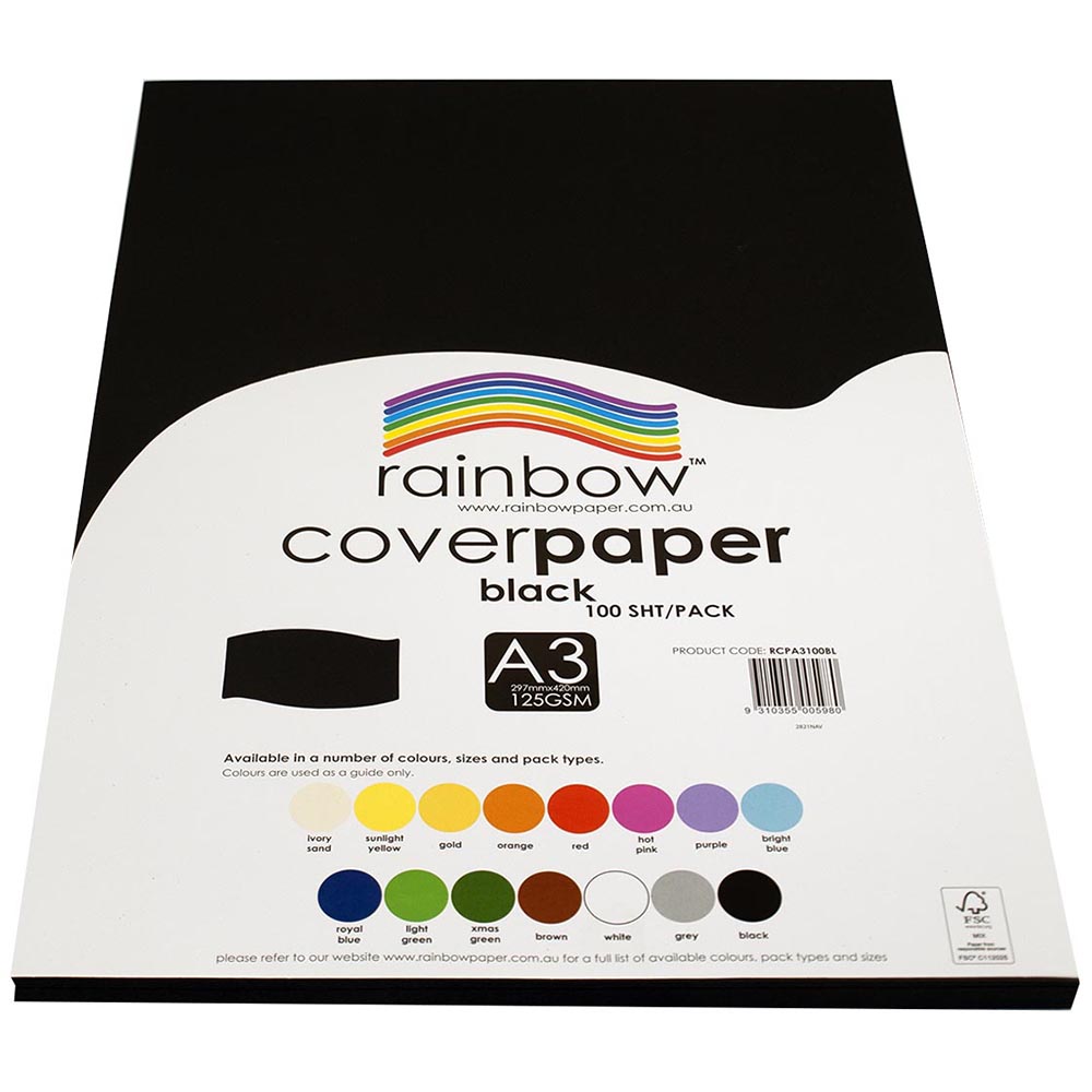 Image for RAINBOW COVER PAPER 125GSM A3 BLACK PACK 100 from Clipboard Stationers & Art Supplies