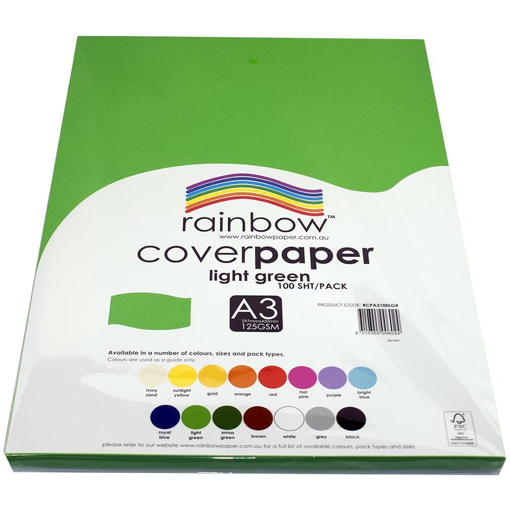 Image for RAINBOW COVER PAPER 125GSM A3 LIGHT GREEN PACK 100 from Memo Office and Art
