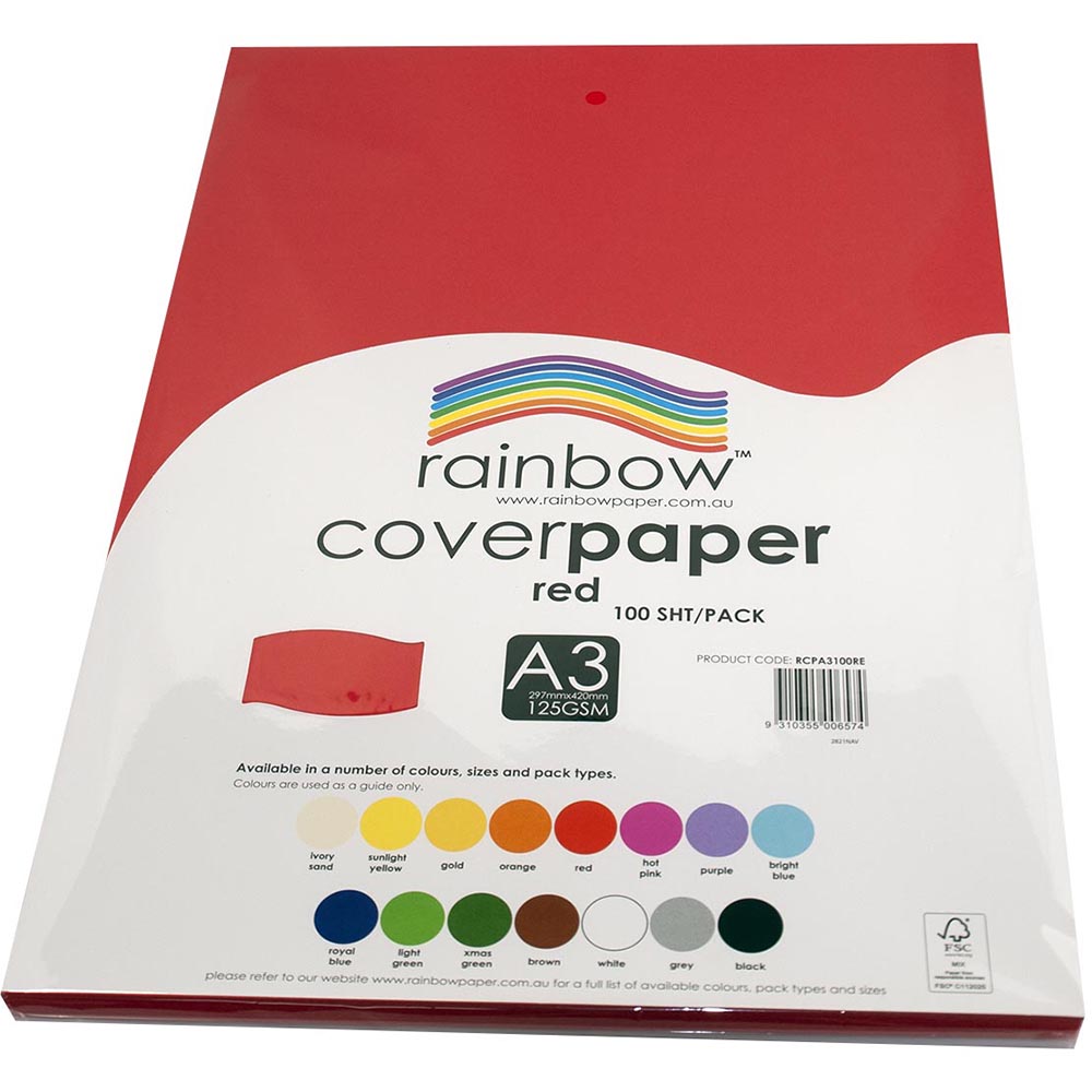 Image for RAINBOW COVER PAPER 125GSM A3 RED PACK 100 from Office Heaven
