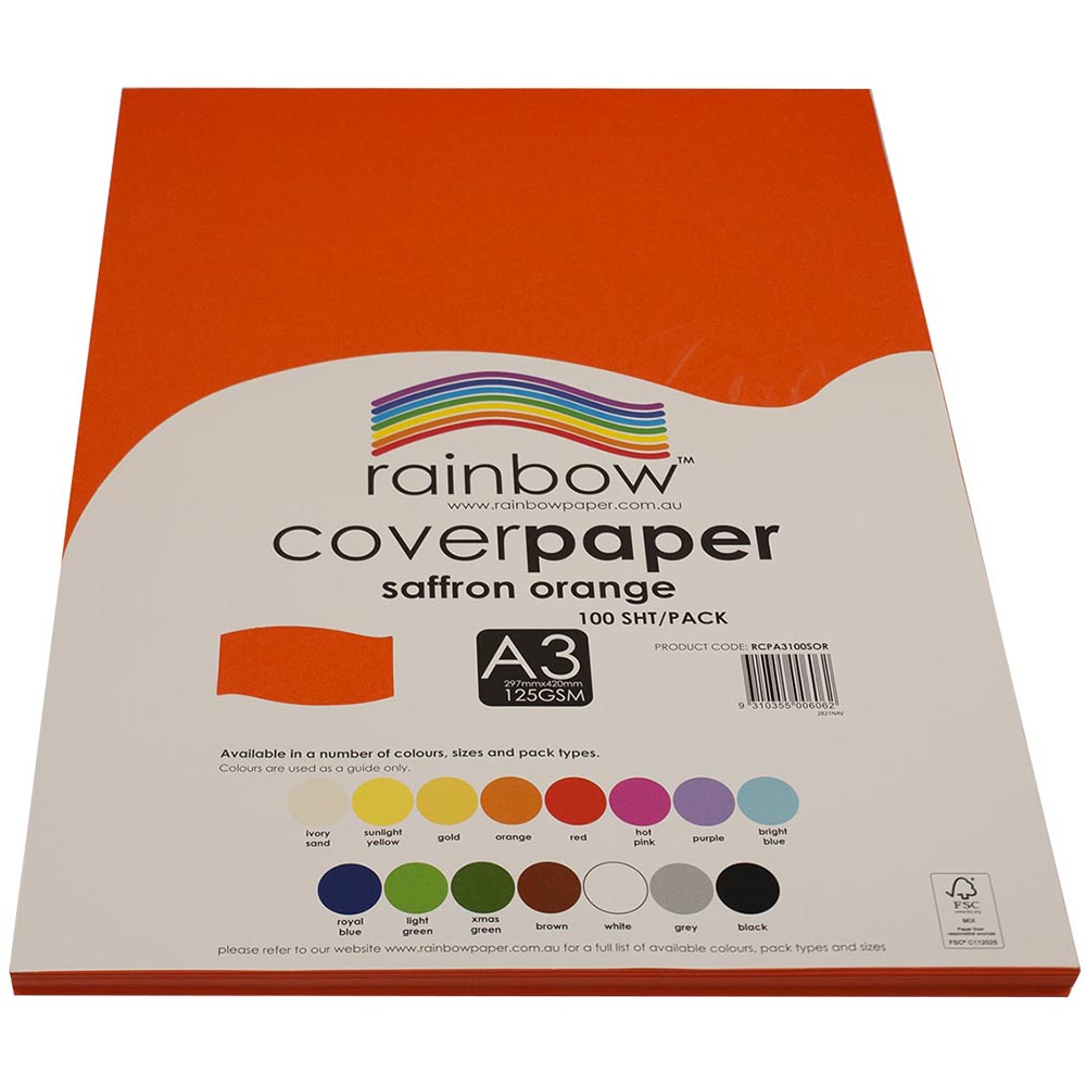 Image for RAINBOW COVER PAPER 125GSM A3 SAFFRON ORANGE PACK 100 from Clipboard Stationers & Art Supplies