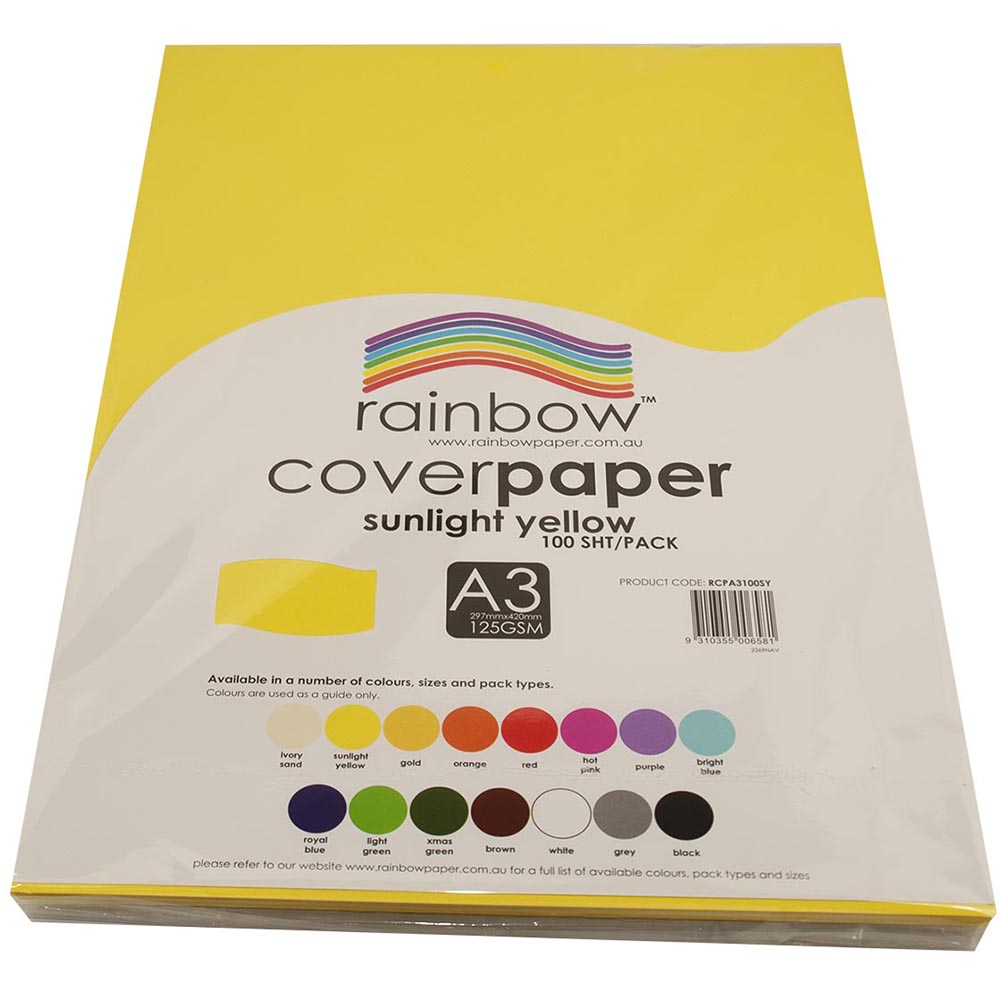 Image for RAINBOW COVER PAPER 125GSM A3 SUNLIGHT YELLOW PACK 100 from Clipboard Stationers & Art Supplies