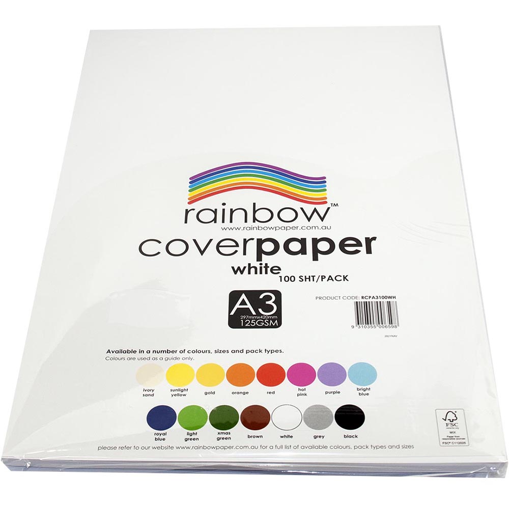 Image for RAINBOW COVER PAPER 125GSM A3 WHITE PACK 100 from Memo Office and Art