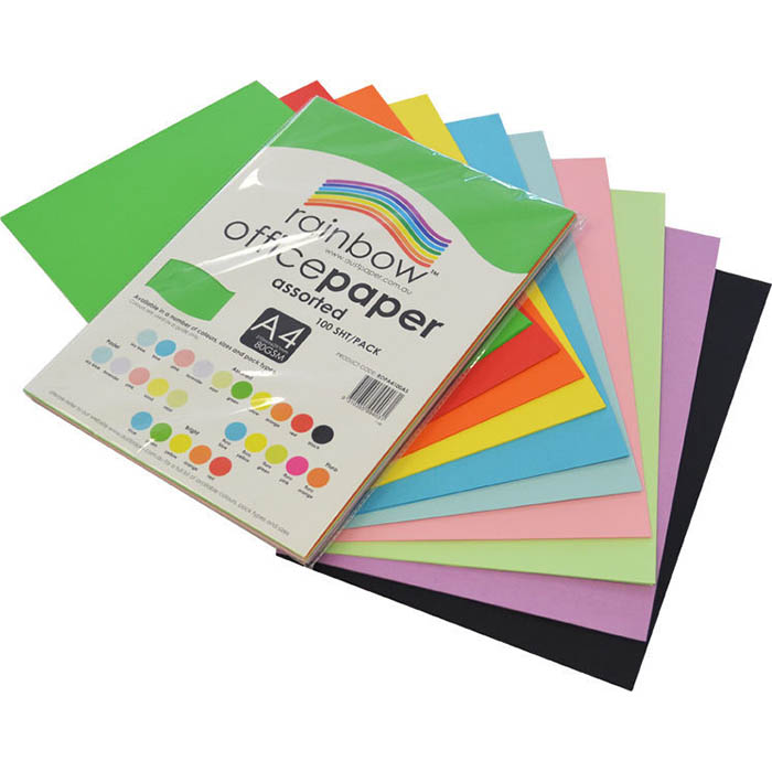 Image for RAINBOW COLOURED A4 COPY PAPER 80GSM 100 SHEETS ASSORTED from Mitronics Corporation
