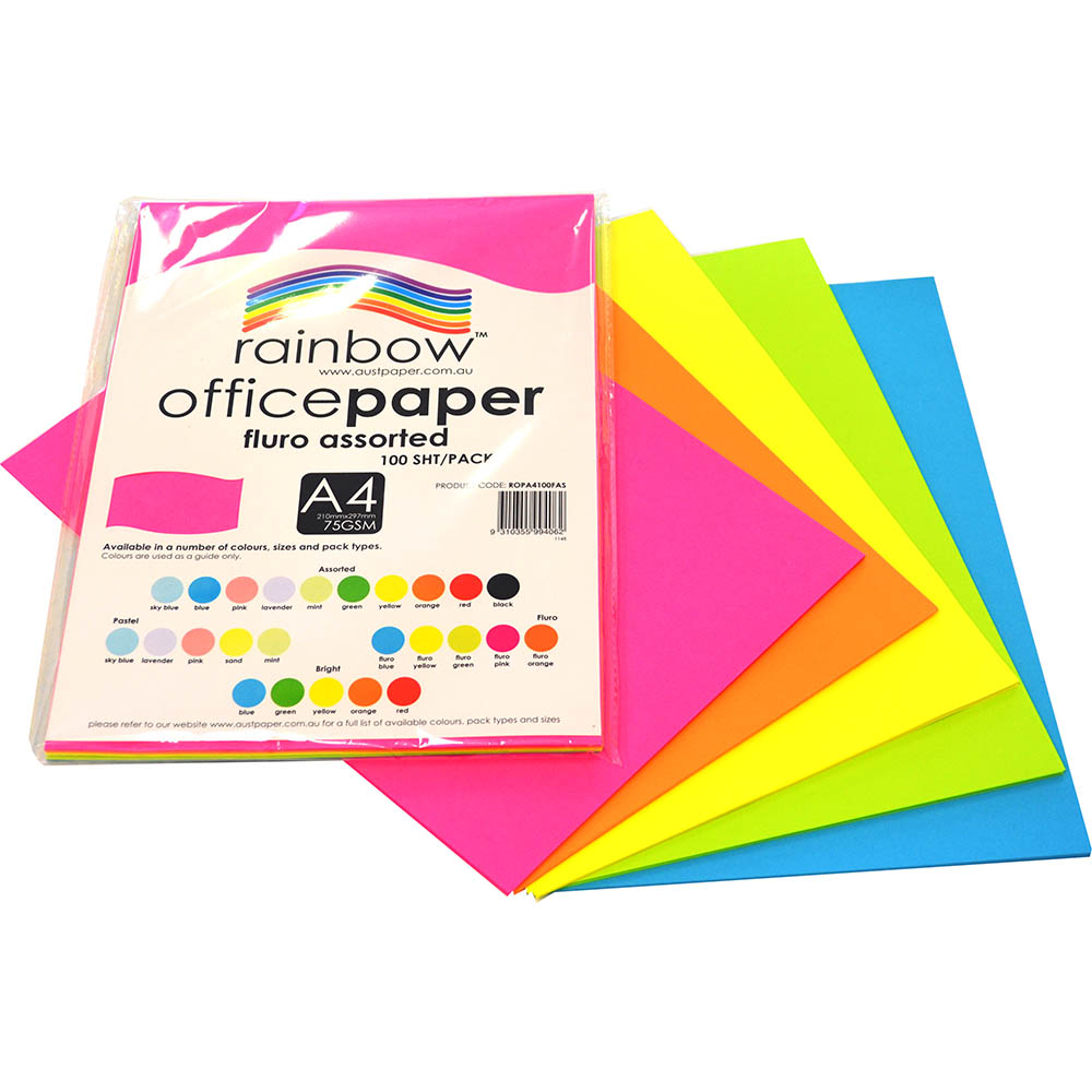 Image for RAINBOW COLOURED A4 COPY PAPER 75GSM 100 SHEETS FLURO ASSORTED from That Office Place PICTON