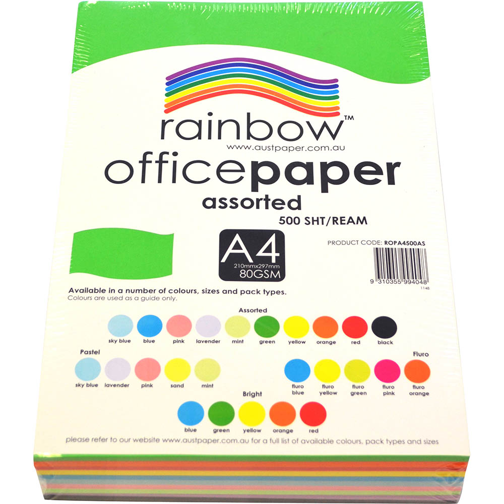 Image for RAINBOW COLOURED A4 COPY PAPER 80GSM 500 SHEETS ASSORTED from Memo Office and Art