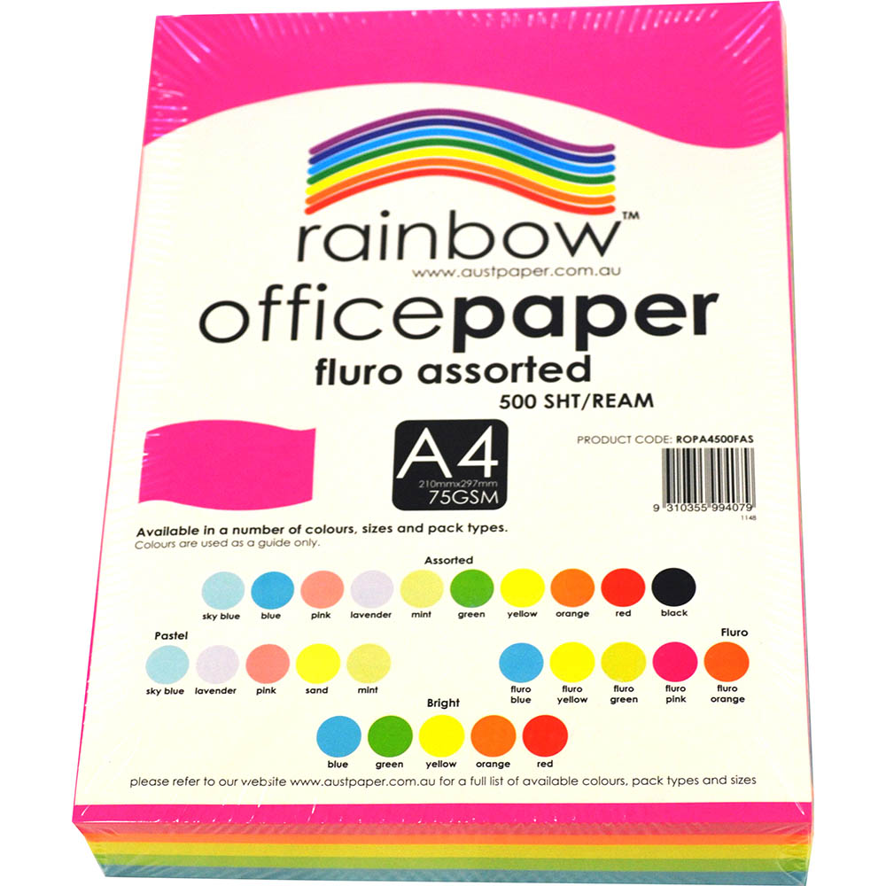 Image for RAINBOW COLOURED A4 COPY PAPER 75GSM 500 SHEETS FLURO ASSORTED from York Stationers